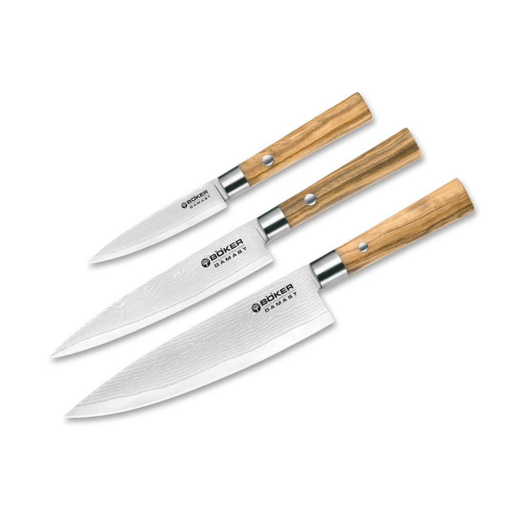 BÖKER | DAMASCUS OLIVE KNIFE TRIO WITH TOWEL